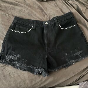 Black Distressed Denim Shorts with Studded Detail